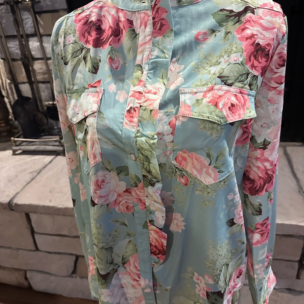 Floral Button-Up Blouse - Pink and Green